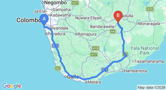 Driving route map: Ratmalana (RML) Airport to Ella (295 km, approx 4 h 37 min private transfer)