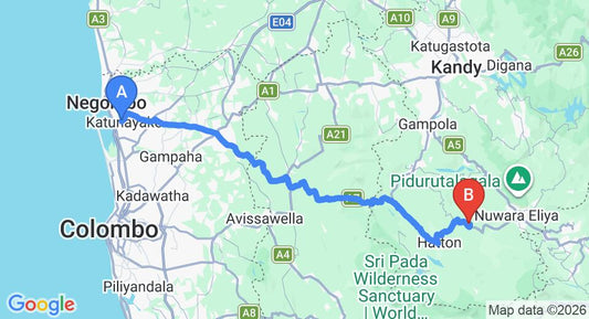 Driving route map: Colombo Airport (CMB) to Yoho Talawakele Rest House, Nuwara Eliya (133 km, approx 4 h 7 min private transfer)