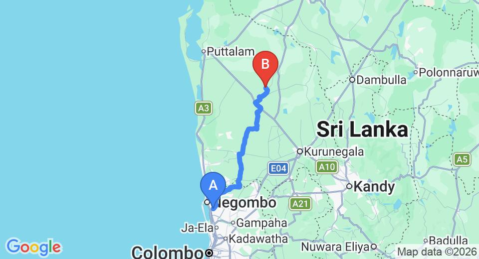 Driving route map: Colombo Airport (CMB) to Nawana (105 km, approx 2 h 34 min private transfer)
