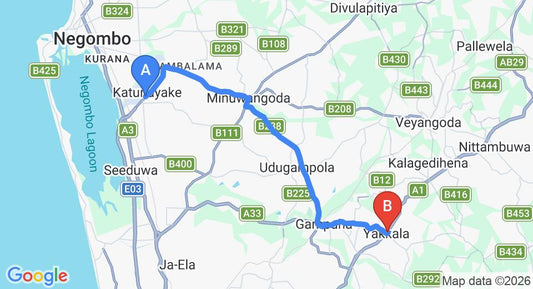 Driving route map: Colombo Airport (CMB) to Letona Colonial Cafe, Gampaha (25 km, approx 52 min private transfer)