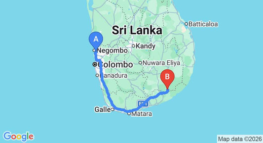 Driving route map: Colombo Airport (CMB) to INTEC Kedella Guest, Kataragama (285 km, approx 3 h 45 min private transfer)