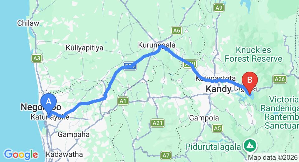 Driving route map: Colombo Airport (CMB) to VillaSukum, Kandy (131 km, approx 3 h 22 min private transfer)