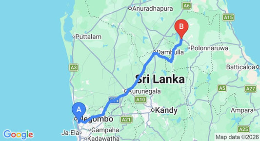Driving route map: Colombo Airport (CMB) to Giritale (184 km, approx 3 h 46 min private transfer)