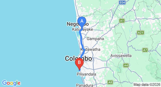 Driving route map: Colombo Airport (CMB) to Mount Lodge, Mount Lavinia (43 km, approx 1 h 10 min private transfer)