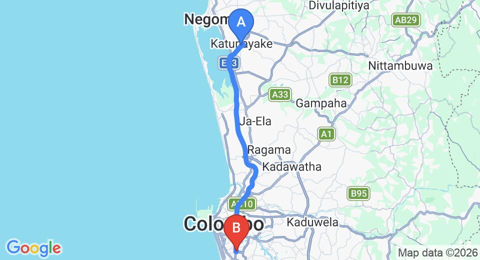 Driving route map: Colombo Airport (CMB) to Sansu residencies, Colombo (35 km, approx 49 min private transfer)