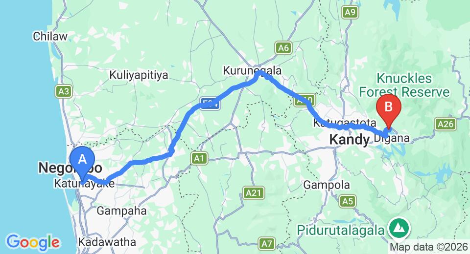 Driving route map: Colombo Airport (CMB) to Oruthota Chalets, Kandy (128 km, approx 3 h 18 min private transfer)