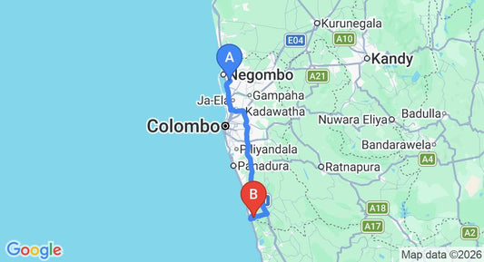 Driving route map: Colombo Airport (CMB) to Sakura Villa Bentota, Bentota (110 km, approx 1 h 45 min private transfer)