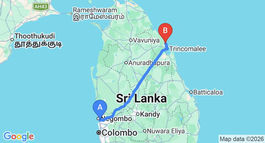 Driving route map: Colombo Airport (CMB) to Surya Lagoon, Trincomalee (247 km, approx 5 h 3 min private transfer)