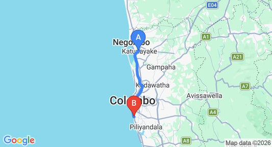 Driving route map: Colombo Airport (CMB) to Senanayake Lodge, Mount Lavinia (42 km, approx 1 h 2 min private transfer)