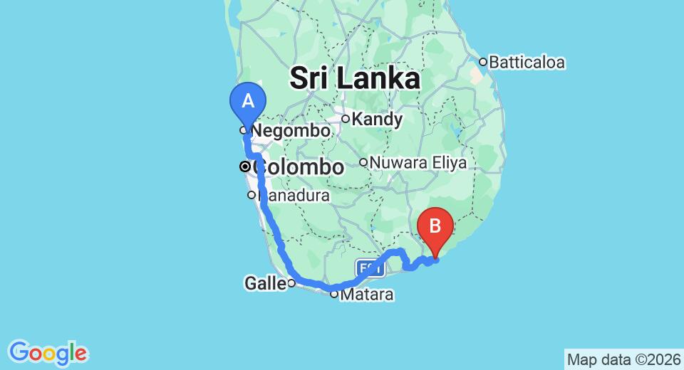 Driving route map: Colombo Airport (CMB) to Hotel Ceylon Heritage, Kirinda (296 km, approx 4 h 2 min private transfer)