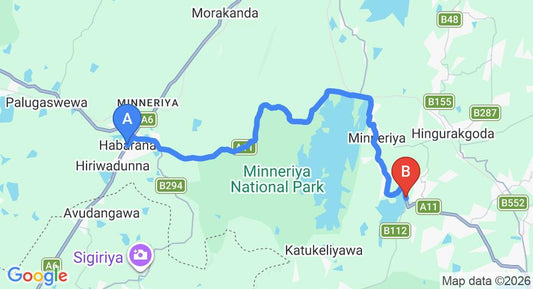 Driving route map: Habarana to Giritale (31 km, approx 37 min private transfer)