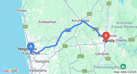 Driving route map: Colombo Airport (CMB) to Oakray Regency, Kandy (112 km, approx 2 h 46 min private transfer)