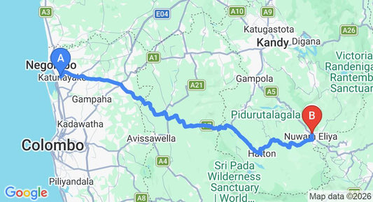 Driving route map: Colombo Airport (CMB) to Inroma Holiday Resort, Nuwara Eliya (154 km, approx 4 h 44 min private transfer)