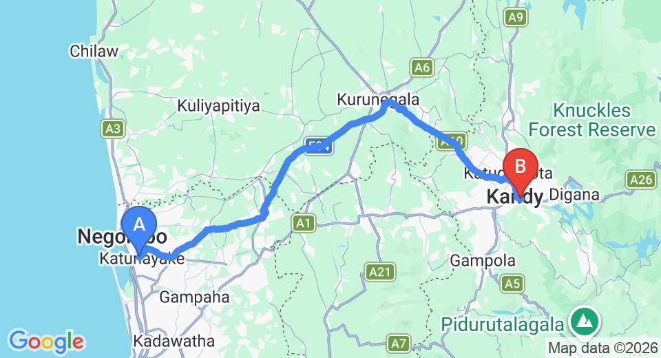 Driving route map: Colombo Airport (CMB) to Helga's Folly, Kandy (116 km, approx 2 h 57 min private transfer)