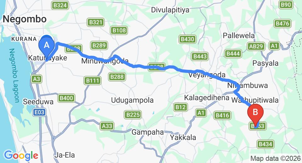 Driving route map: Colombo Airport (CMB) to Kahatowita (33 km, approx 1 h 7 min private transfer)