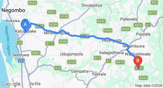 Driving route map: Colombo Airport (CMB) to Kahatowita (33 km, approx 1 h 7 min private transfer)
