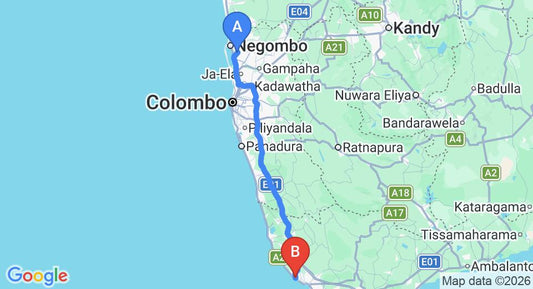 Driving route map: Colombo Airport (CMB) to Arabella On Boossa, Hikkaduwa (145 km, approx 2 h 13 min private transfer)