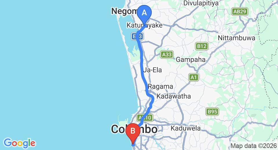 Driving route map: Colombo Airport (CMB) to Ashans Cozy Apartments, Colombo (37 km, approx 52 min private transfer)