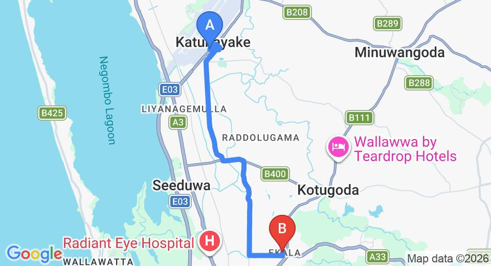 Driving route map: Colombo Airport (CMB) to Ekala (11 km, approx 26 min private transfer)