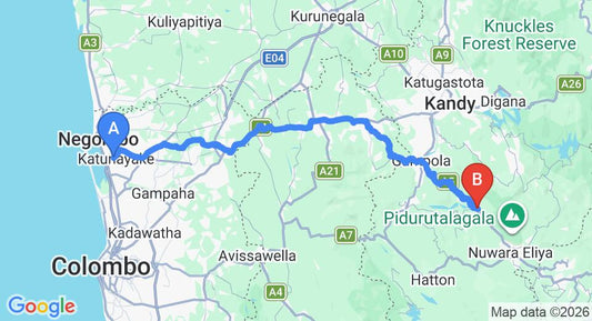 Driving route map: Colombo Airport (CMB) to Ramboda (138 km, approx 4 h 11 min private transfer)