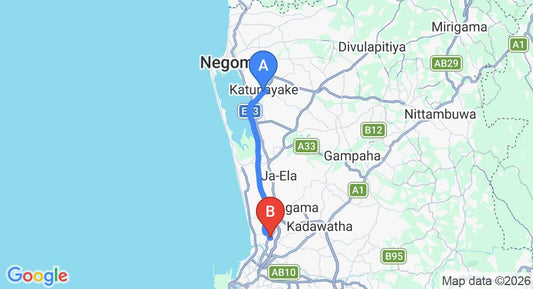 Driving route map: Colombo Airport (CMB) to Wattala (25 km, approx 34 min private transfer)