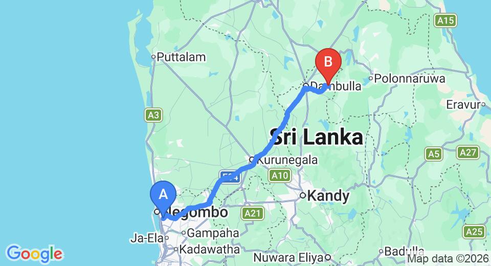 Driving route map: Colombo Airport (CMB) to Boralesgamuwa (146 km, approx 3 h 14 min private transfer)