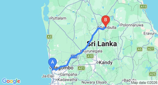 Driving route map: Colombo Airport (CMB) to Governors Camp Bungalow, Wilpattu (146 km, approx 3 h 14 min private transfer)