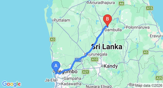 Driving route map: Colombo Airport (CMB) to Cloudz Sigiriya, Sigiriya (142 km, approx 3 h 10 min private transfer)