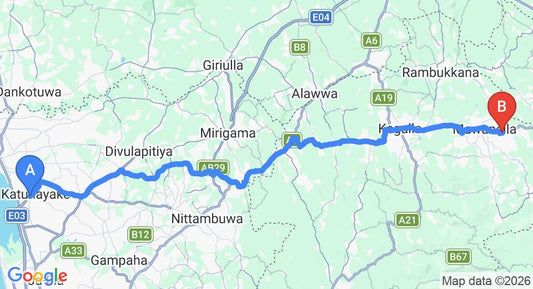 Driving route map: Colombo Airport (CMB) to Hingula (81 km, approx 2 h 17 min private transfer)