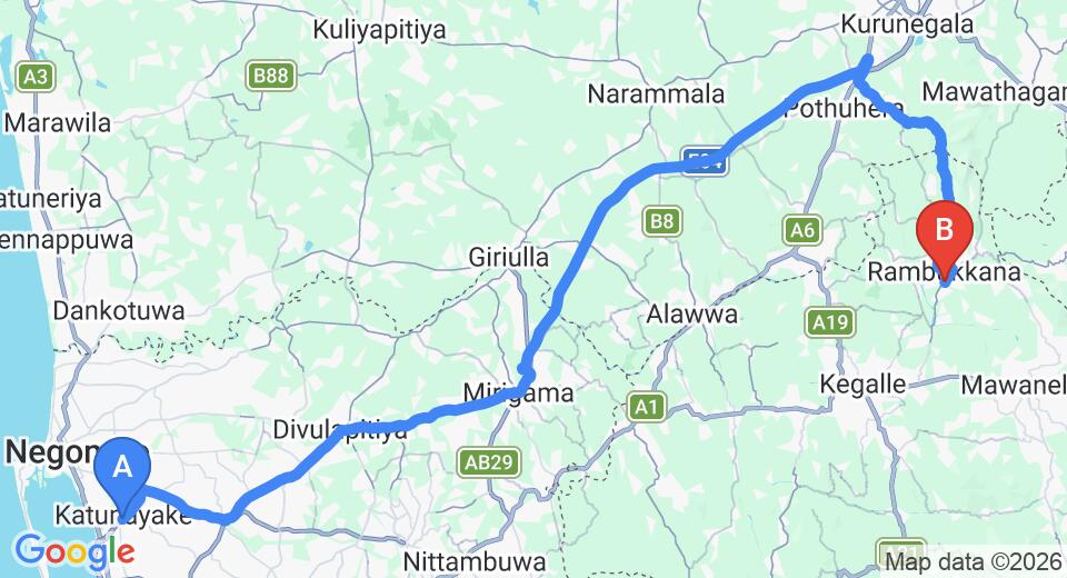 Driving route map: Colombo Airport (CMB) to Villa Pinnawala, Pinnawala (90 km, approx 2 h 3 min private transfer)