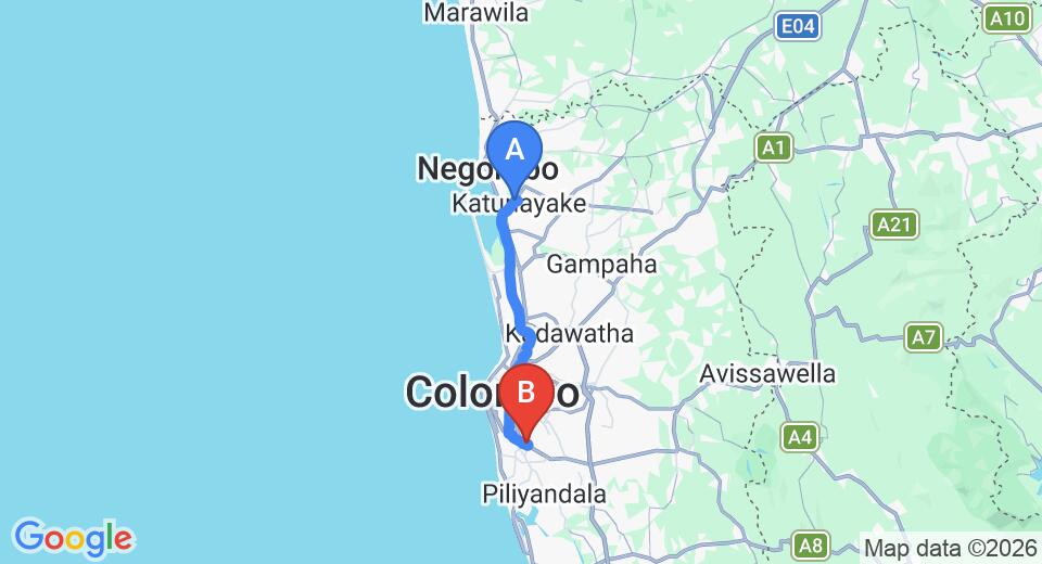 Driving route map: Colombo Airport (CMB) to Nugegoda (40 km, approx 1 h 1 min private transfer)