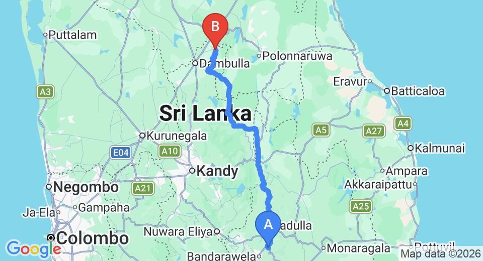 Driving route map: Ella to Sigiriya (172 km, approx 4 h 11 min private transfer)