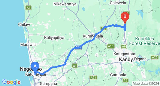 Driving route map: Colombo Airport (CMB) to Paramount 200 Spice Garden, Matale (122 km, approx 2 h 46 min private transfer)