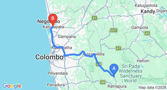 Driving route map: Kuruwita to Colombo Airport (CMB) (98 km, approx 2 h 22 min private transfer)