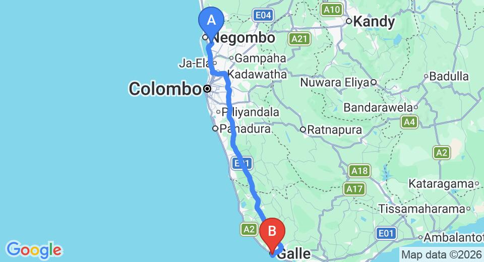 Driving route map: Colombo Airport (CMB) to Fort Bliss, Galle (153 km, approx 2 h 14 min private transfer)