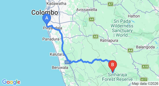 Driving route map: Ratmalana (RML) Airport to Sinharaja (111 km, approx 2 h 41 min private transfer)