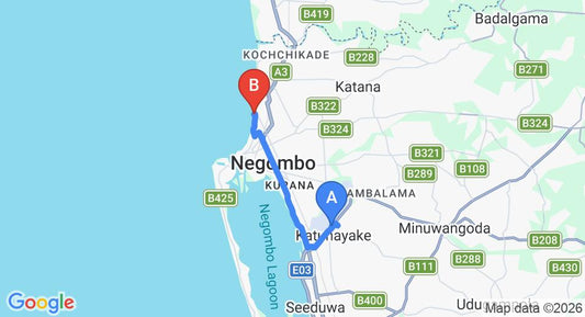 Driving route map: Colombo Airport (CMB) to Hotel J, Negombo (13 km, approx 31 min private transfer)