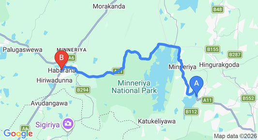 Driving route map: Giritale to Habarana (31 km, approx 37 min private transfer)