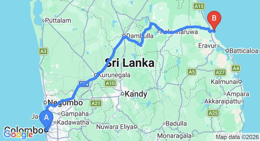 Driving route map: Colombo to Pasikuda (298 km, approx 6 h 2 min private transfer)
