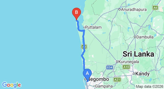 Driving route map: Colombo Airport (CMB) to WIND BLEND KITES RESORT, Kalpitiya (128 km, approx 3 h 2 min private transfer)
