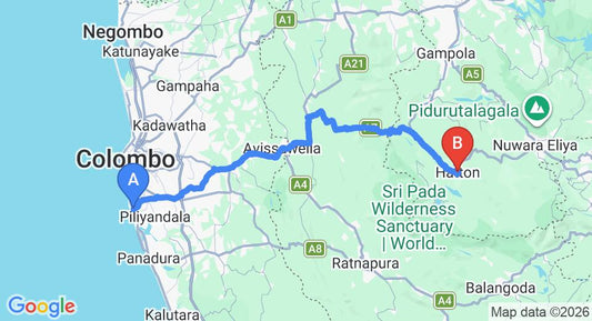 Driving route map: Ratmalana (RML) Airport to Hatton (122 km, approx 3 h 58 min private transfer)