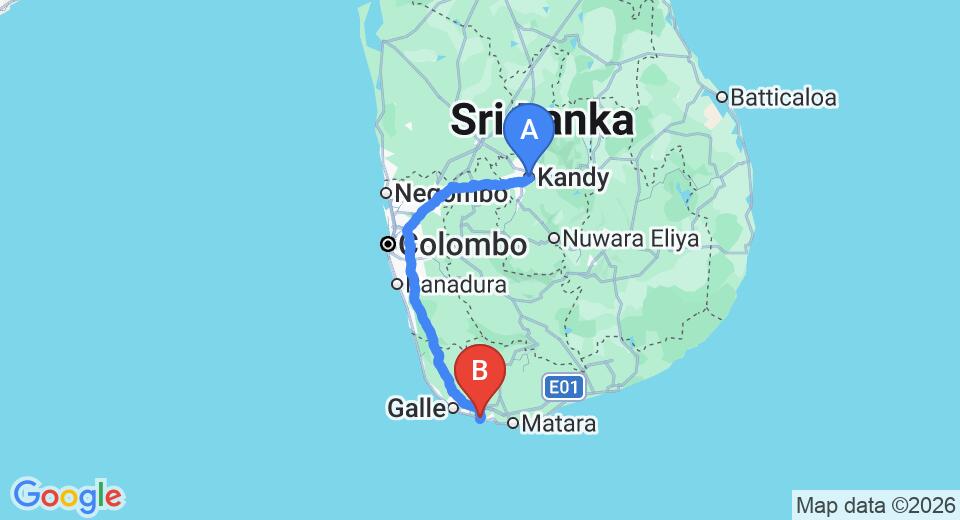 Driving route map: Kandy to Ahangama (234 km, approx 4 h 47 min private transfer)