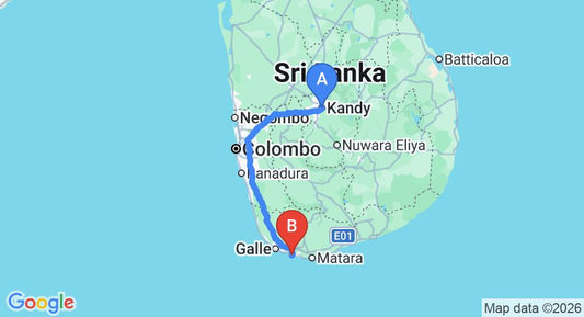 Driving route map: Kandy to Ahangama (234 km, approx 4 h 47 min private transfer)