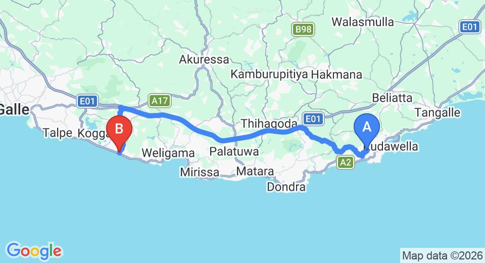Driving route map: Dikwella to Ahangama (51 km, approx 1 h 5 min private transfer)