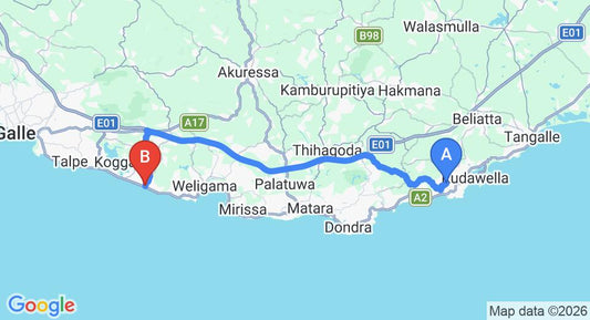 Driving route map: Dikwella to Ahangama (51 km, approx 1 h 5 min private transfer)
