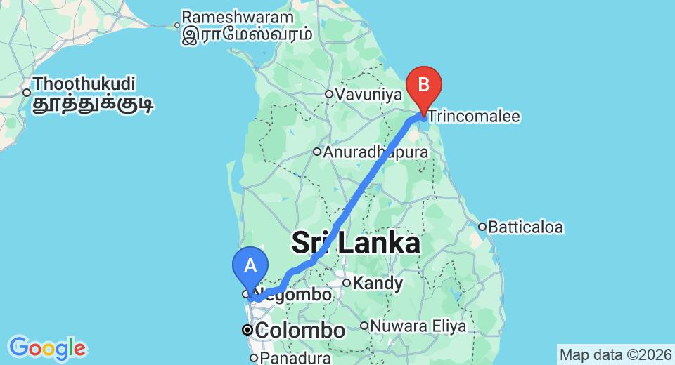 Driving route map: Colombo Airport (CMB) to Pigeon Island, Trincomalee (239 km, approx 4 h 51 min private transfer)