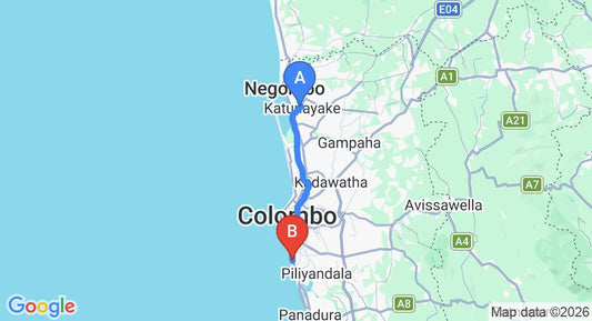 Driving route map: Colombo Airport (CMB) to The White Nest, Mount Lavinia (43 km, approx 1 h 10 min private transfer)