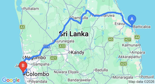 Driving route map: Batticaloa to Colombo Seaport (324 km, approx 6 h 35 min private transfer)