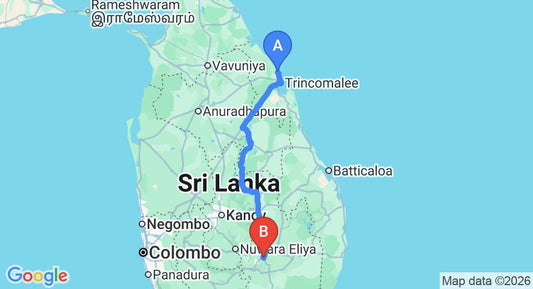 Driving route map: Nilaveli to Ella (277 km, approx 6 h 3 min private transfer)