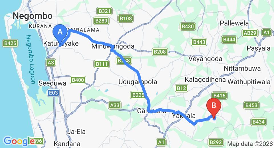 Driving route map: Colombo Airport (CMB) to Ambagaspitiya (30 km, approx 1 h 3 min private transfer)